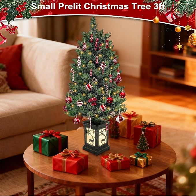 3ft Prelit Christmas Tree with 78 Warm Lights & Red Berry & Pine Cone, Mini Christmas Tree with Vintage Elk Light Potted Base, Tabletop Small Xmas Tree Decor for Porch,Home,Office,Indoor
