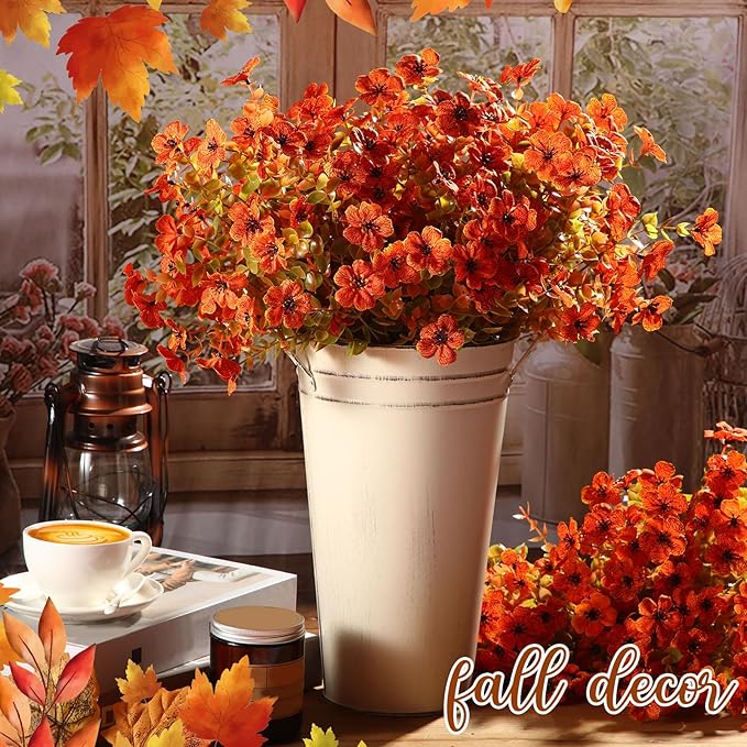 Zeyune 48 Bundles Fall Artificial Flowers Outdoor Decor, Orange UV Resistant Fake Autumn Mums for Thanksgiving, Halloween Pumpkin Porch, Window Box, Patio and Garden Decoration