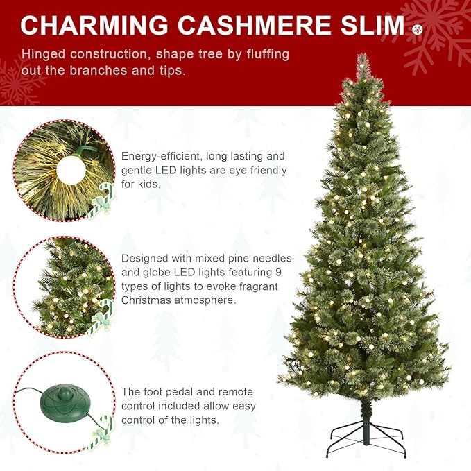 Glitzhome Prelit Christmas Tree, 7.5ft Artificial Green Christmas Tree Charming Cashmere Slim Pine with 350 Warm White and Multi-Color Globe LED Lights, 9 Function w/Foot Pedal and Remote Control