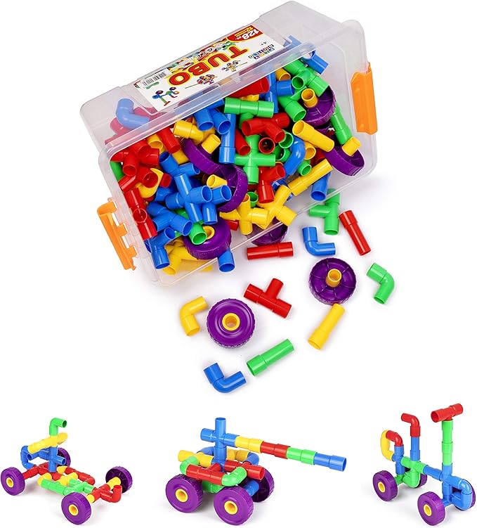 Building Toys for Kids, 128 Piece Construction Blocks for Kids, Tubular Spout Constructor STEM Toy for Toddlers Ages 4+