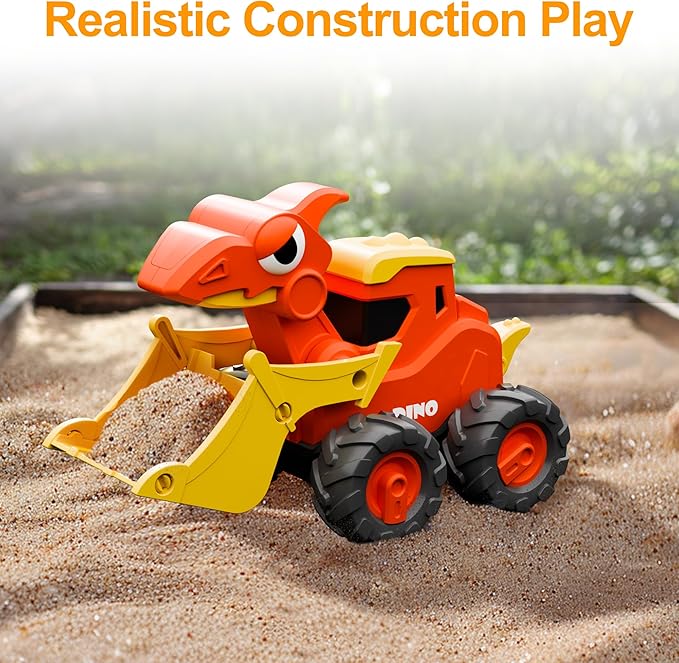 iPlay, iLearn Dinosaur Truck Toys for Toddlers, Boys Dino Press Go Racing Cars, Kids Construction Sandbox Vehicles Playset, Baby Push Go Friction Car Set, Birthday Gift for 18 Months 2 3 4 5 Years Old