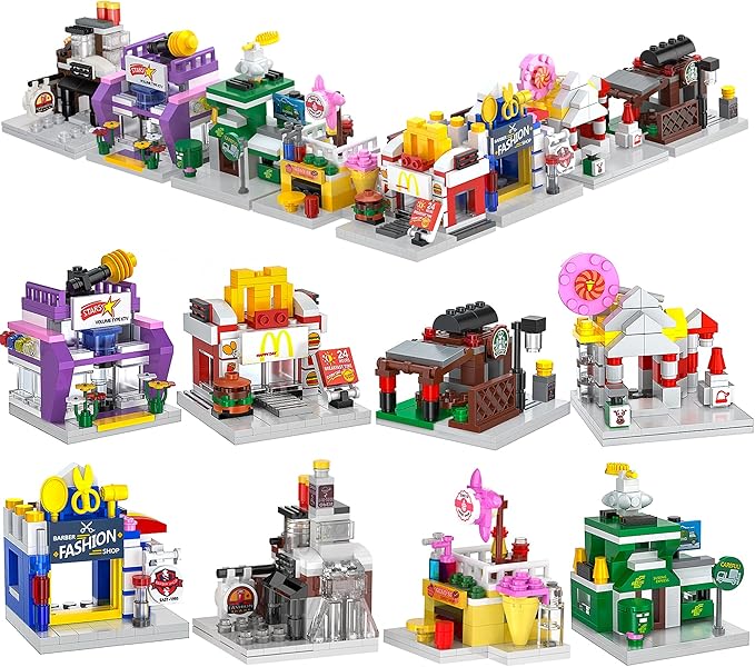 8 Packs Mini City Shop Street View Building Blocks Kit,MOC Construction Creative Educational Kit with Hair Salon & Café Store,Girls Boys Dream Toy Set,Christmas Birthday Party Favors for Kids