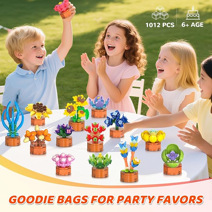 24 Pack Flowers Succulent Party Favors for Kids Building Set - 1012PCS Botanical Bonsai 3.6MM Mini Building Blocks Toy for Classroom Prizes Easter Basket Stuffer Birthday Gift for Girl Boy 6+