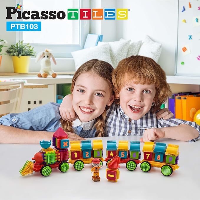 Picasso Toys PTB103 Alphabet & Numerical Train 103pc Hedgehog Block Shape Blocks Building Tiles Set Construction Learning Toy Stacking Educational Block, Creativity Beyond Imagination, Inspirationa