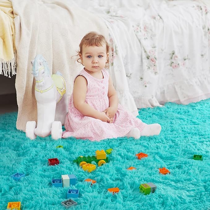 Ompaa Soft Fluffy Area Rug for Living Room Bedroom, 4x6 Teal Blue Plush Shag Rugs, Fuzzy Shaggy Accent Carpets for Kids Girls Rooms, Modern Apartment Nursery Dorm Indoor Furry Decor