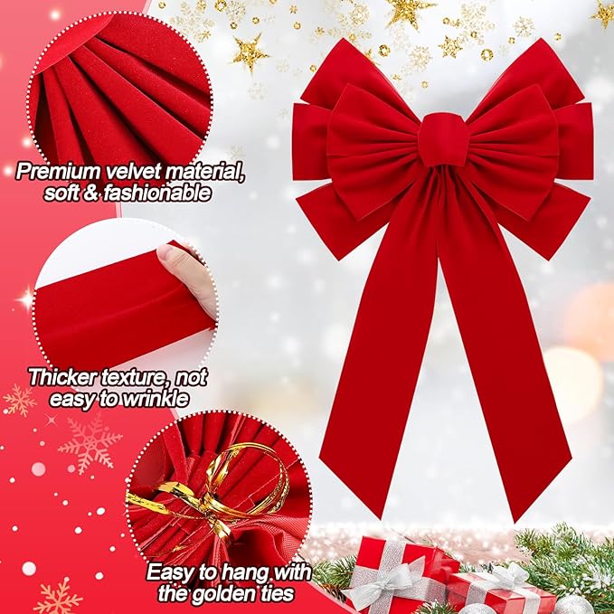 MEWTOGO 2 Pcs Large Christmas Red Wreath Bows - 23.6×15.7 in Velvet Red Bows with Golden Tie, Easy Hanging for Window Stairs Outdoor Porch Christmas Decoration Gifts Indoor Party Supplies