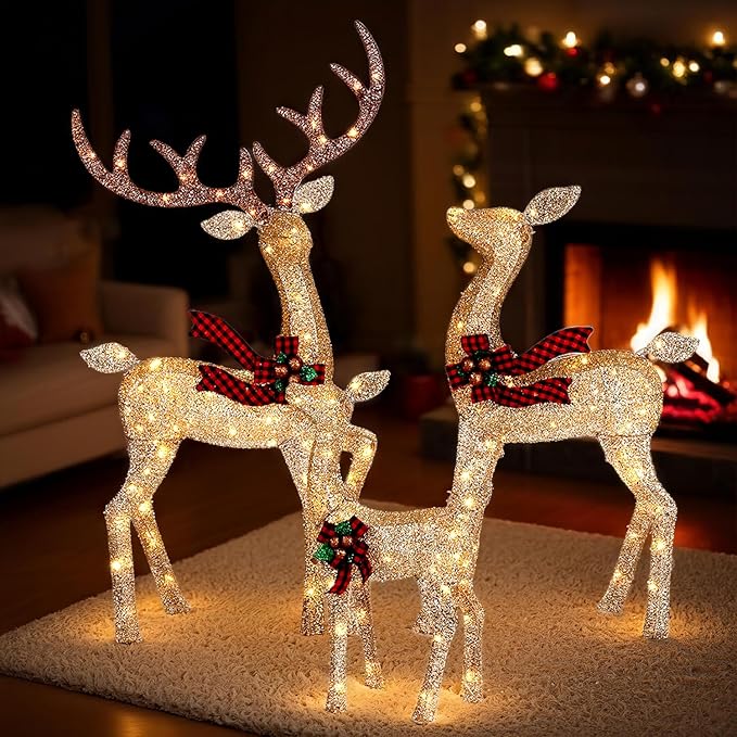 3-Piece Large Lighted Christmas Deer Family Set, 3D Reindeer Christmas Indoor and Outdoor Decoration with 225 Warm White LED Lights, Ground Pegs, Cable Ties. Suitable for Patio Garden Party-Champagne
