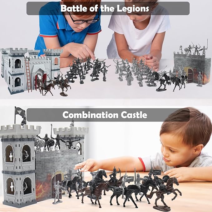 Medieval Castle Knight Toy Soldier Army Figurines, DIY Assembled Cavalry, Arrow Tower,8 Knights and 8 Horse, 36 Soldiers, Simulated Siege War of Attack Castle Toy for Boys