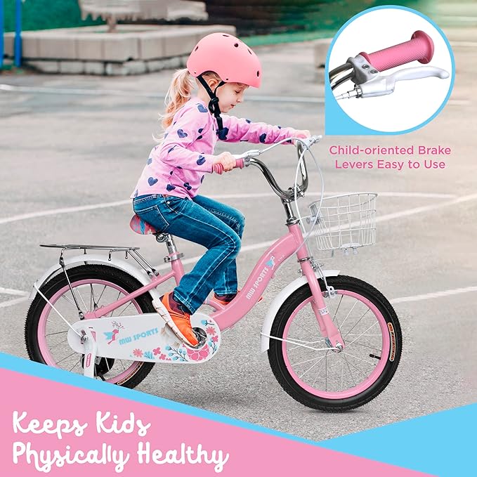 Slippery Racer MW Sports 16 inch Kids Bike with Removable Training Wheels, Hand Brakes and Back Relay Rack for Ages 4-6 Years.