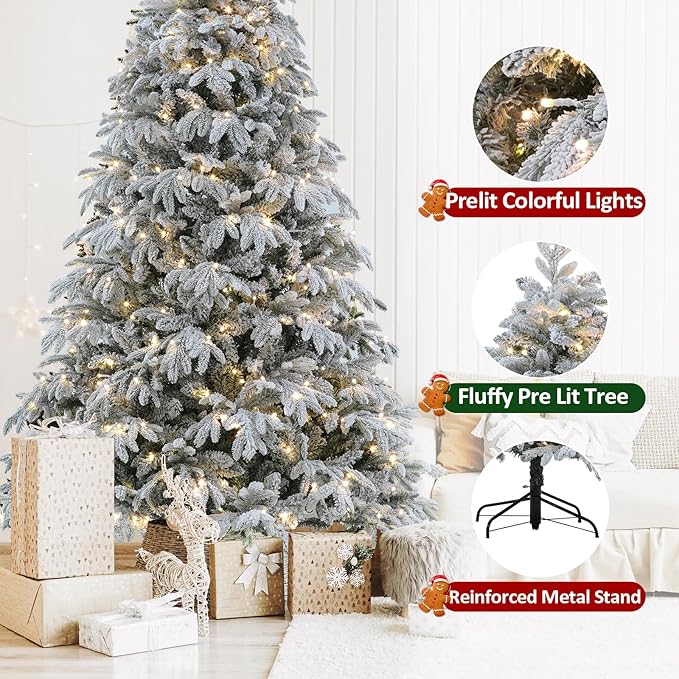 Flocked Christmas Tree Prelit, 7.5 ft Prelit Christmas Tree with Lights, Artificial Tree with 2700 Realistic Tips & 400 Lights Includes 10 Modes, On/Off Foot Flash Pedal