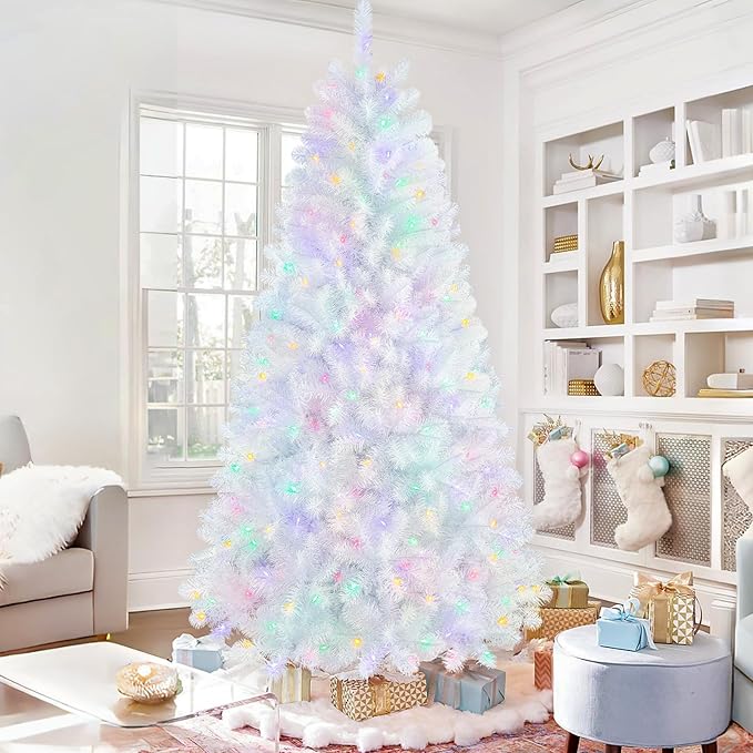 SHareconn 7ft Prelit Premium Artificial Classic Spruce Christmas Tree, 320 Warm White & Color LED Changing Lights, 1076 Branch Tips, Perfect Choice for Xmas Decoration,7 FT, White