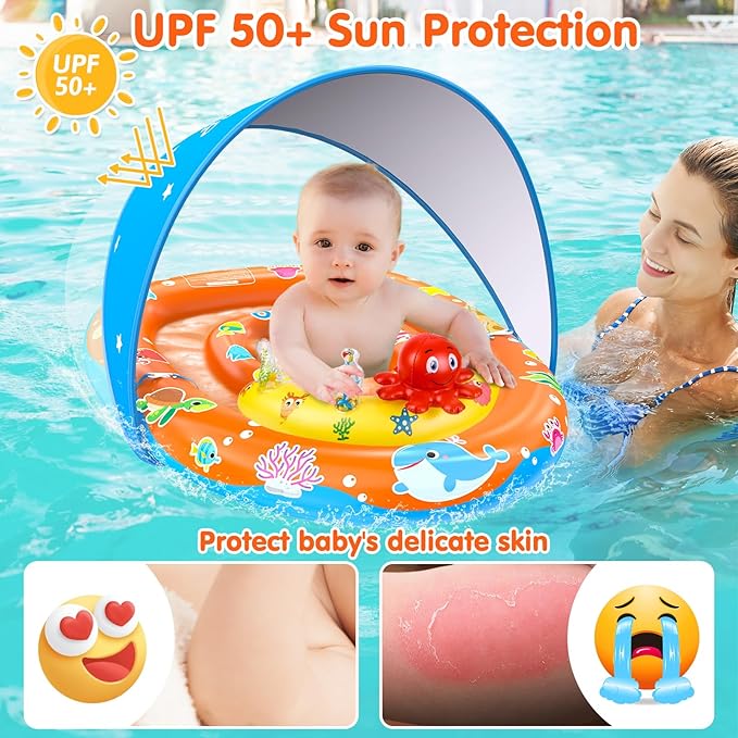 EZIGO Baby Pool Float with Canopy UPF 50+ Sun Protection, Double Air Chambers Infants Swimming Floats with Sound Toys Adjustable Safety Seat Toddler Float for Boys and Girls 6-36 Months