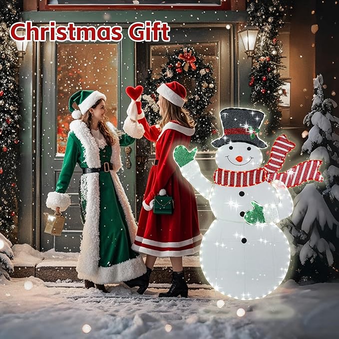 VCUTEKA Christmas Outdoor Decorations - 5.3FT Christmas Glittering Snowman with Red Scarf and Black Hat LED Light for Xmas Home Yard Patio Lawn Garden Festive Holiday Décor
