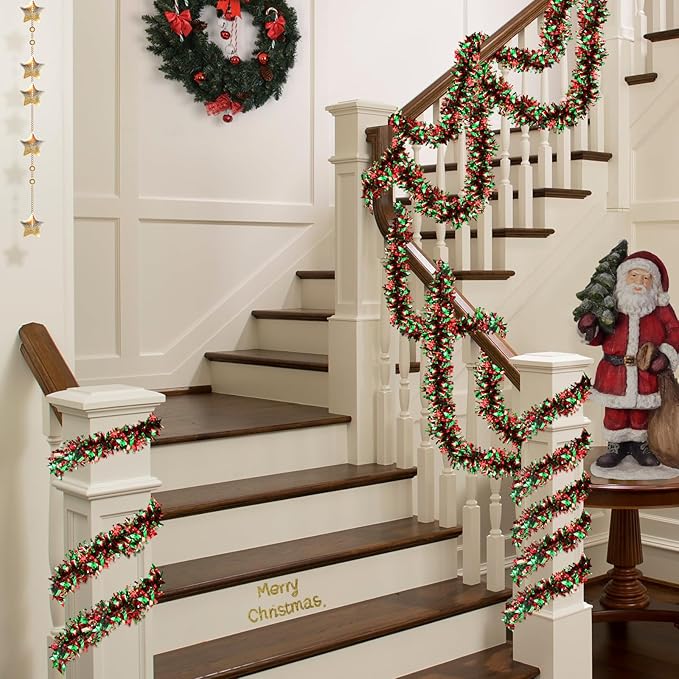 50FT Christmas Tinsel Garland - Metallic Tinsel Twist Garland for Christmas Tree Decorations,Holiday Home Indoor Outdoor Party Supplies (Green and Red)