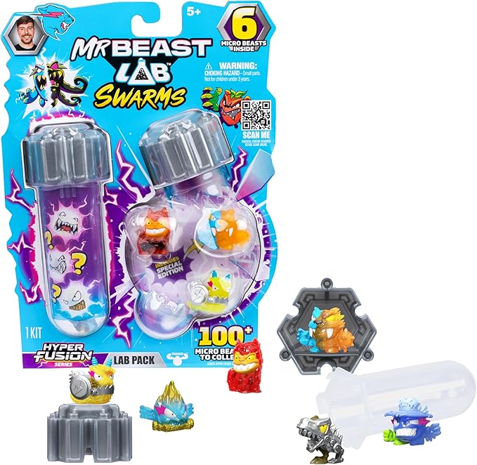 MRBEAST LAB Swarms Series 3, Hyper Fusion Series, 6 Pack - Lab Pack Includes 6 Micro Beasts, 6 Collectible Stickers & 2 Stackable Fusion Caps to Build Out Your Own