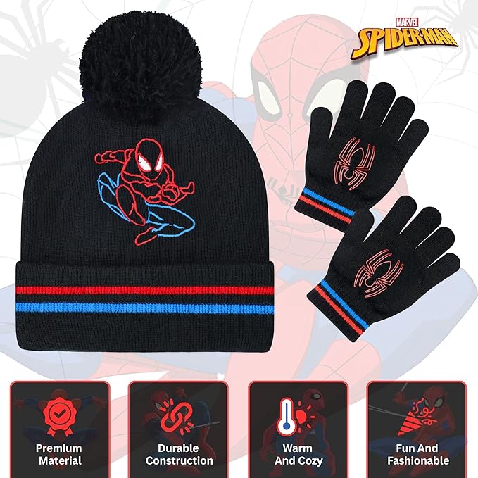 Marvel Spider-Man Kid’s Winter Hat and Snow Gloves for Boys and Toddlers, 2 Pc. Set, Pom-Pom Beanie with Warm Mittens