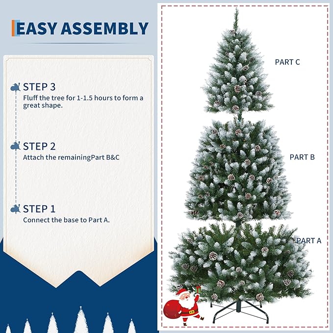 7.5FT Pre-Lit Artificial Christmas Tree with 550 Warm White LEDs, Mixed Pinecone Decor, Sturdy Metal Base - Green Premium Holiday Tree for Home, Office & Parties (1042 Tips)