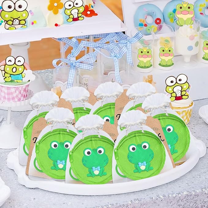 36 Pack Frog Change Purses Set Include 12 Wallets with Keyring,12 Thank You Tags and 12 Organza Bags for Green Frog Lover,Baby Shower,First Birthday Reptile Camping Decor,Green