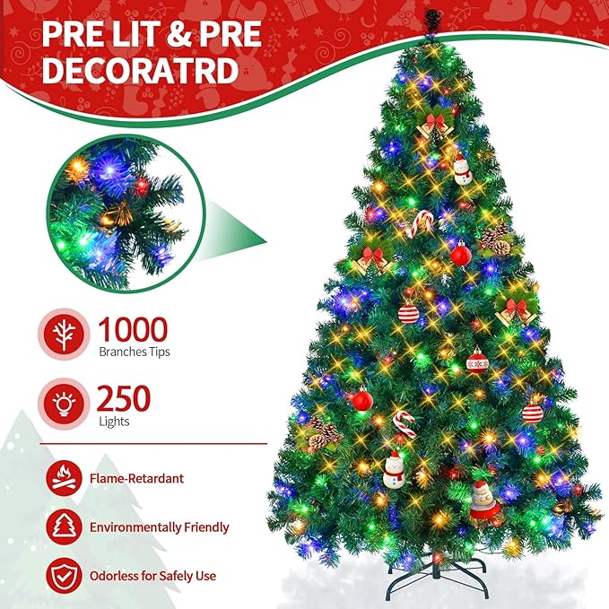6ft Artificial Christmas Tree w/250 Multi-Color Lights & 8 Different Light Holiday Xmas Tree, Premium Hinged Spruce Xmas Tree w/1060 Branch Tips and Foldable Metal Stand for Home, Office, Party
