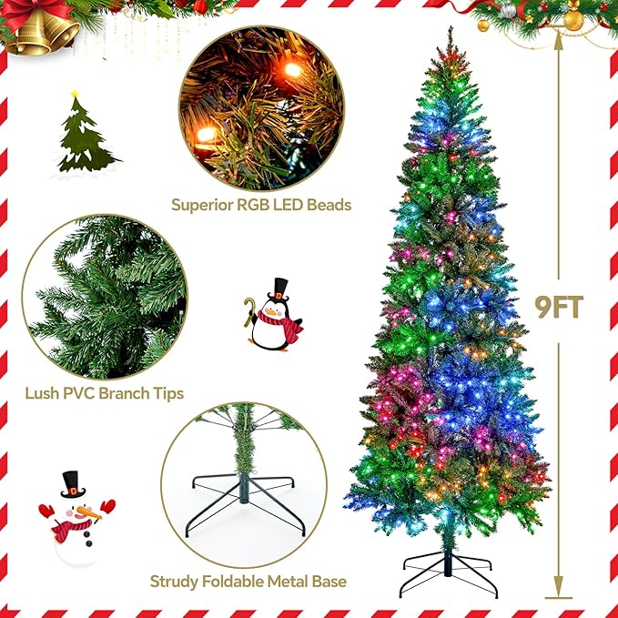 9FT Prelit Christmas Tree with 550 LED Lights, App Controlled Artificial Christmas Tree with Multi-Color RGB Lights & Music Sync, Slim Pencil Christmas Tree for Home Christmas Decorations