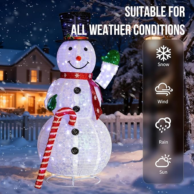 Snowman Outdoor Christmas Decorations with 120 LED Lights, 4ft Lighted Snowman with Metal Stand, Holiday Ornaments Xmas Decor for Home Porch Patio Yard Party (White with Candy Cane, 5.7 FT)