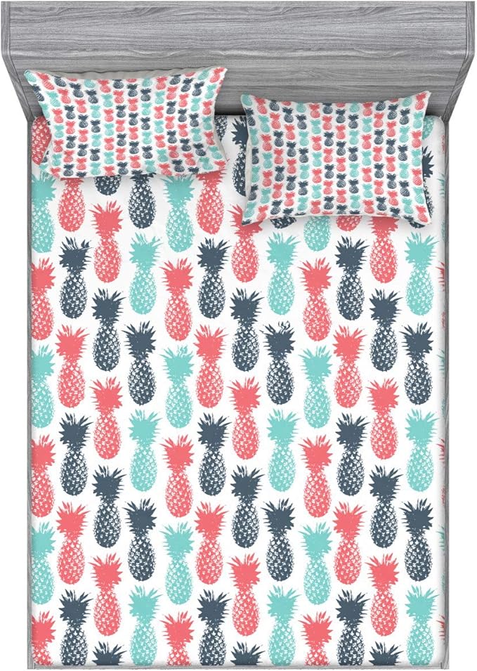 Ambesonne Pineapple Fitted Sheet & Pillow Sham Set, Island Pineapple Tropic Fruit Pattern Stamped Minimal Backdrop Pop Art, Decorative Printed 3 Piece Bedding Decor Set, Full, Turquoise White Coral