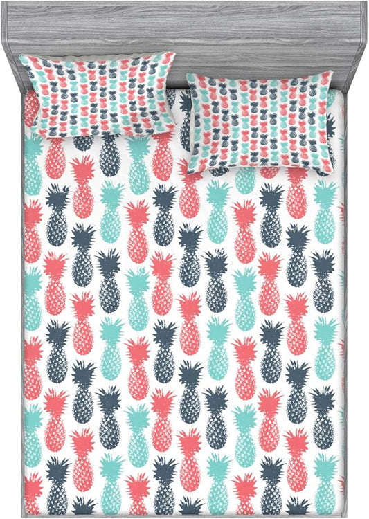 Ambesonne Pineapple Fitted Sheet & Pillow Sham Set, Island Pineapple Tropic Fruit Pattern Stamped Minimal Backdrop Pop Art, Decorative Printed 3 Piece Bedding Decor Set, Full, Turquoise White Coral