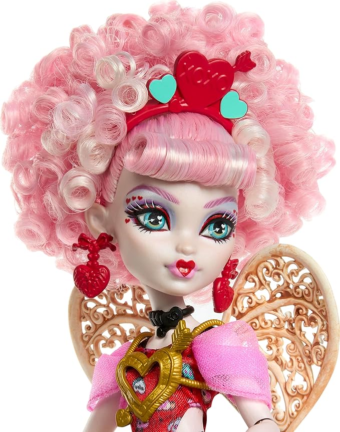 Monster High Scary Sweet Birthday Doll, Cupid Asteria in Pink and Red Party Dress with Themed Accessories Like Invite, Balloon, Gift and More
