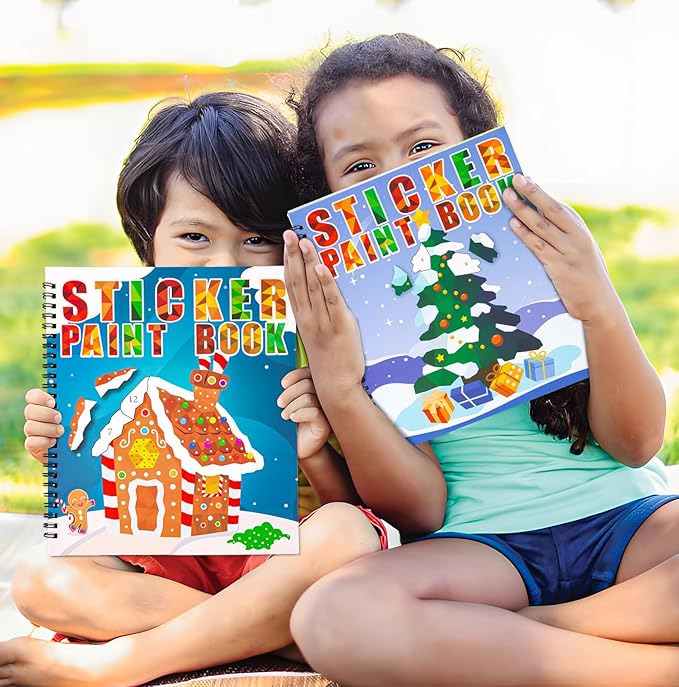2PCS Christmas Crafts for Kids Ages 4-8 Sticker Paint Books - Includes Santa Clause Snowman Elf Gnome and More Designs Gift Party Create 22 Pictures