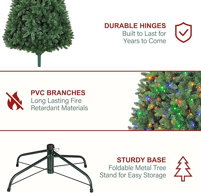 Hykolity 6ft Artificial Christmas Tree, Pre-Lit Christmas Tree with 250 Color Changing LEDs, 1032 Realistic Tips, Hinged Design & Metal Base, 10 Modes