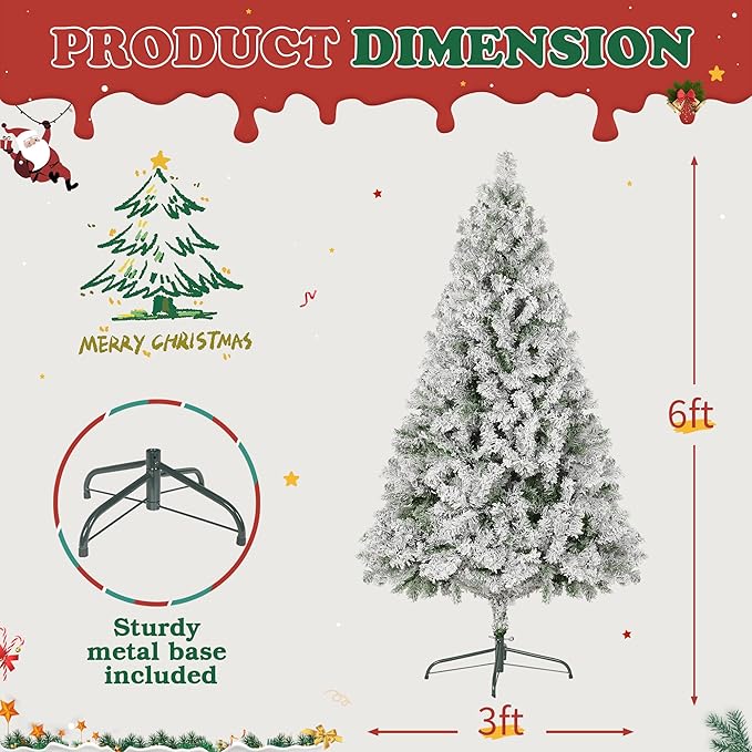 6FT Premium Artificial Christmas Tree, Snow Flocked Hinged Pine Tree w/1000+ Snowflake Branches, Solid Metal Stand for Holiday Decoration Indoor Outdoor Use