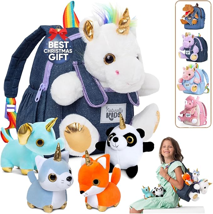 Naturally KIDS Toddler Unicorn Backpack w Plush Unicorn Toys, Gifts for 2-5 Year Old Girls, Toddler Backpack