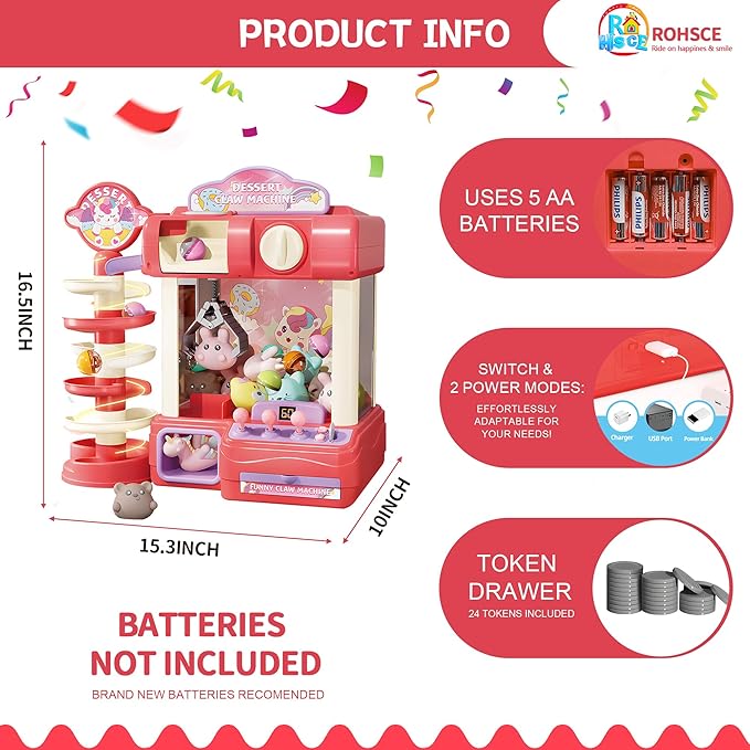Claw Machine for Kids, Mini Vending Machine Toys for Girls, Arcade Game Toy for Ages 8-13, Electronic Claw Game Machine for Party with Lights Sound, Birthday Gifts for Ages 4+