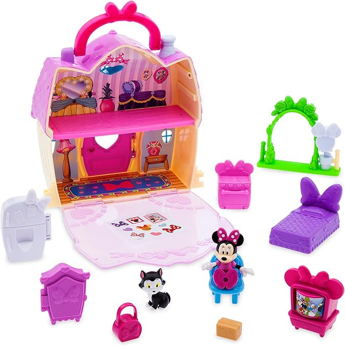 Disney Store Official Minnie Mouse Clubhouse Toys Play Set - Interactive Playhouse Junior Mickey Mouse Toys - Poseable Minnie & Cat Figures, 13-Piece Set, Perfect for Toddlers