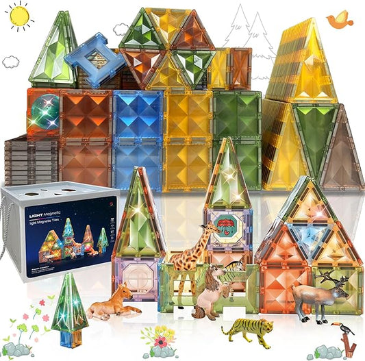 Magnetic Tiles Toys with Farm Animals Magnet Tile Building Blocks with 7 Farmyard Animals Character with Lighting Effect Construction Sensory Toys Preschool Gift for Kids Boys Girls 3 4 5 6 7 8 Years+