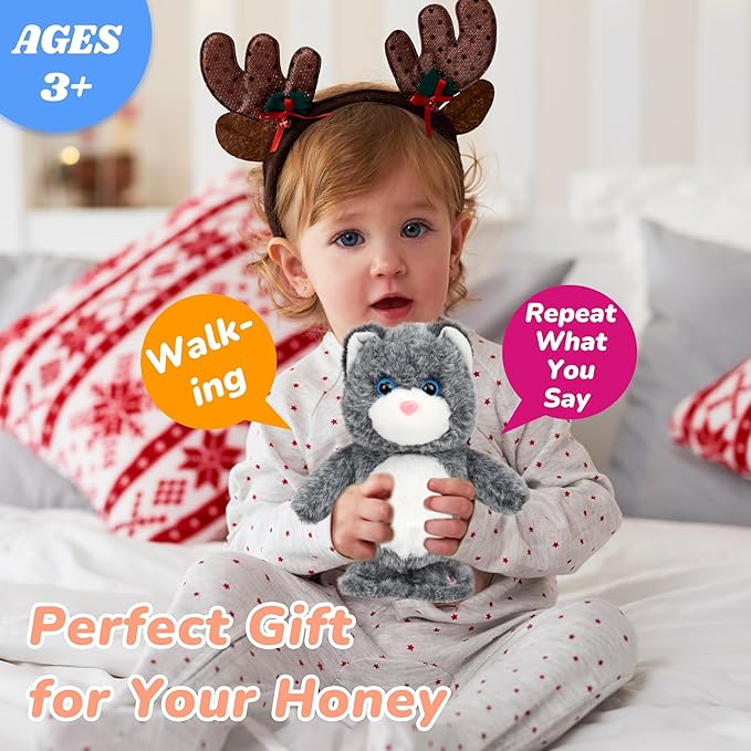 Hopearl Talking Singing Cat Repeats What You Say Kitty Walking Kitten Electric Interactive Animated Toy Speaking Plush Buddy Gifts for Toddlers, Gray, 9''