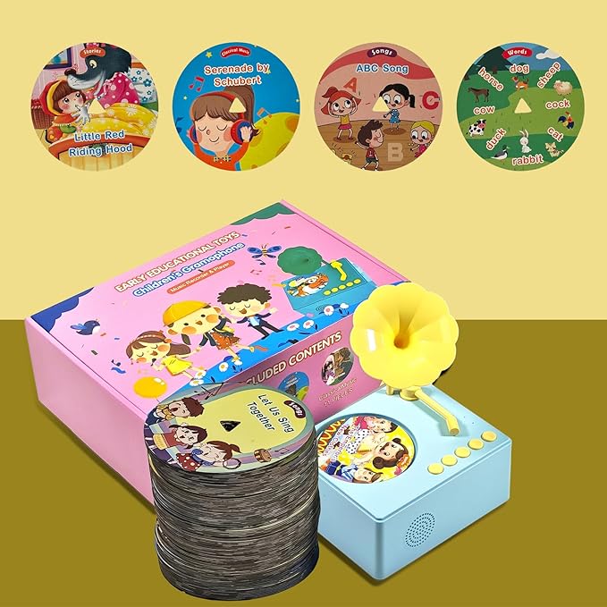 Kids Gramophone with 96 Learning Cards, Toddler Gramophone Music Toy, Kid Phonograph Toddler Record Player, Kid Gramophones, Children's Phonograph Story Music Player Gift Boys Girls (Blue)