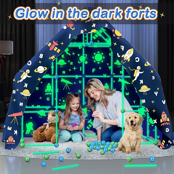 160PCS Kids Fort Building Kit Glow in the Dark Build a Fort with Blanket STEM Educational Toys for 4 5 6 7 8 9 10 11 12 Years Boys Girls Ultimate Construction Gift DIY Forts Builder Set Indoor Outdoor