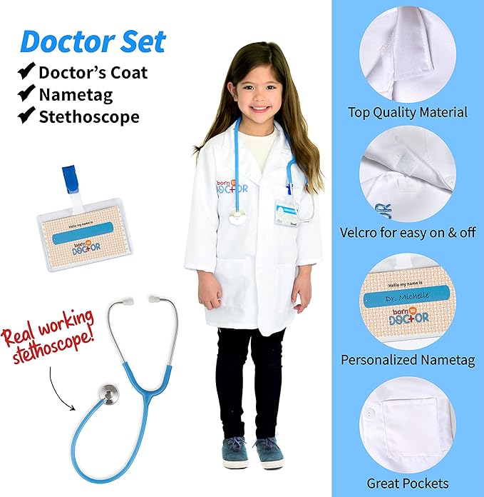 Born Toys Premium 16pcs Costume Dress up Set for Kids Ages 3-7 Fireman,Police Costume, and Doctor All Sets are Washable and Have Accessories