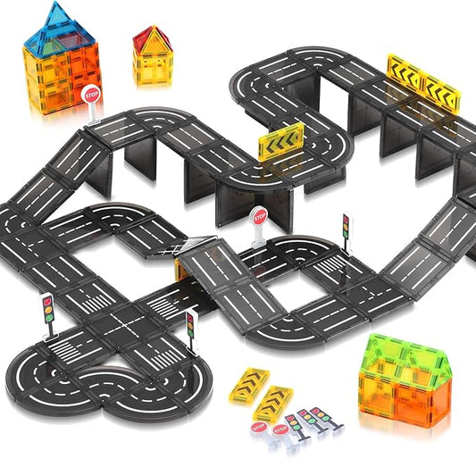 Magnetic Tiles, Construction Magnetic Road Tiles Set, STEM Road Blocks Building Tile, Educational Magnets Tile Toys for Boys Kids Toddlers Ages 3 4 5 6 7 8 9+ Year Old Gifts