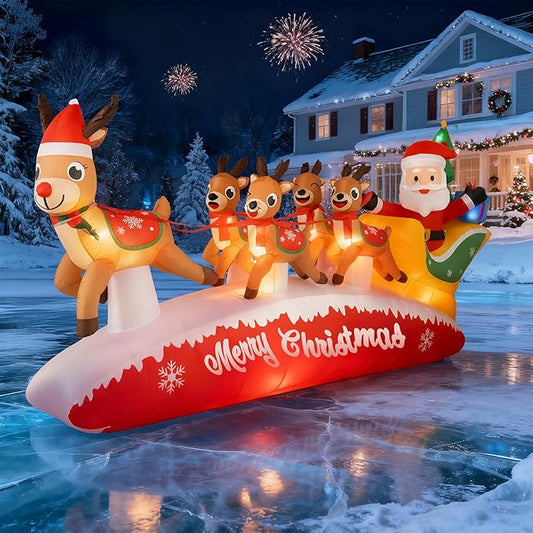 12 FT Christmas Inflatable Santa Sleigh with 5 Reindeer Outdoor Decoration, Blow Up Yard Decor with Bright LED Lights, Santa Claus Xmas Decor for Garden Lawn Backyard