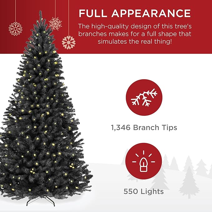Best Choice Products Artificial Christmas Tree, 7.5ft Premium Pre-Lit Realistic Spruce Holiday Décor w/Dense Branches, Metal Base - Black Spruce