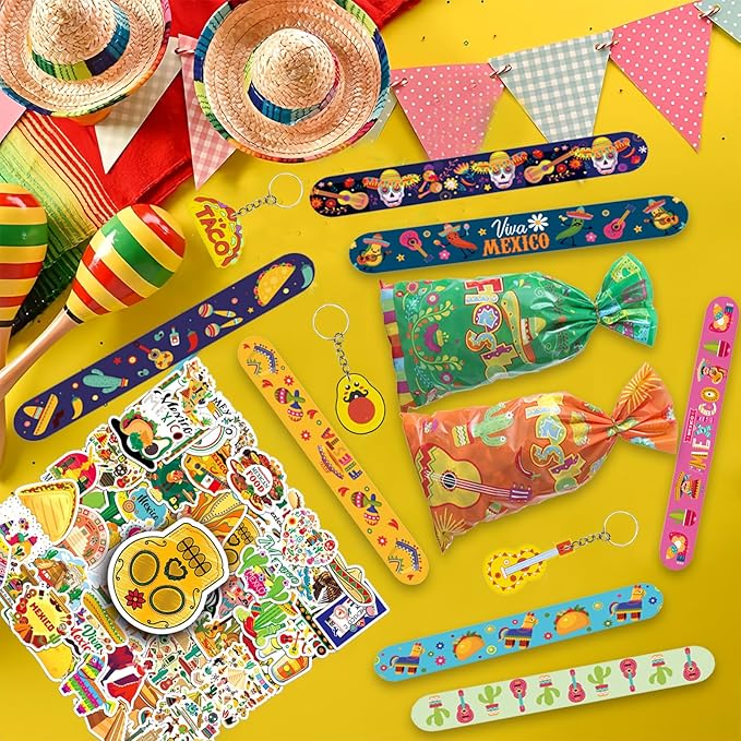 Mexican Fiesta Party Favor 122 PCS Mexican Themed 12 Slap Bracelets 12 Silicone Bracelets 50 Stickers 12 glitter drinking straws 12 Fiesta Keychains 12 Candy Bags 12 Bubble Wands for Mexican Party