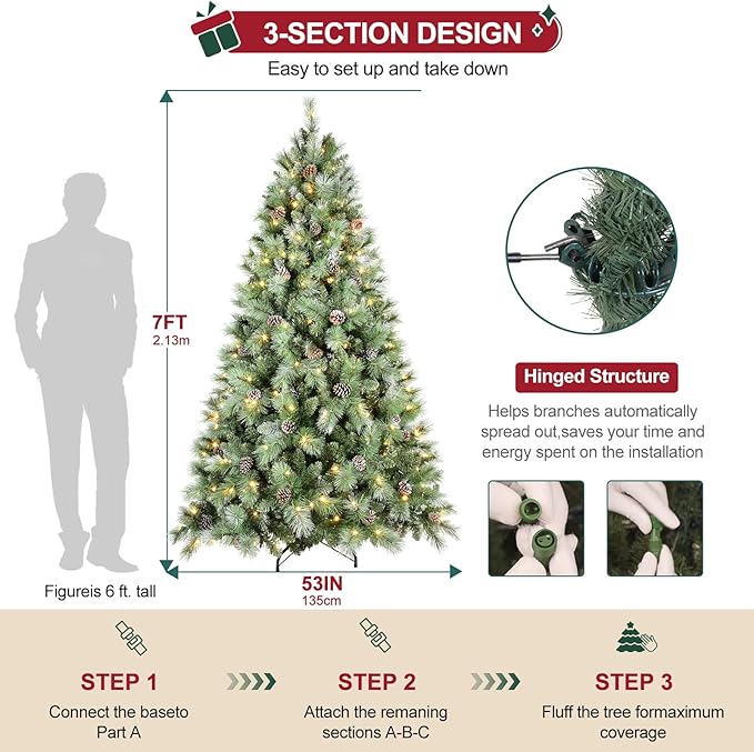 Pre-lit Christmas Tree 7ft, PLuxury Pine Needle -Premium Christmas Trees with Lights Flocked Prelit Trees-Artificial Xmas Tree