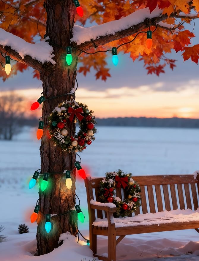 Abeja 25FT Outdoor C7 Multicolor Light, Vintage Christmas String Lights with 27 Multicolor Ceramic Bulbs (2 Spare), Hanging Christmas Lights for Outdoor Xmas Patio Wedding Party Garden Decor