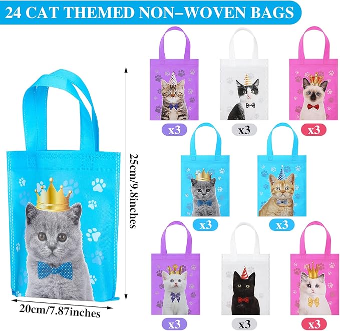 24 Pcs Cat Party Favor Bag Cute Cat Goodie Bags Pet Party Favor Shopper Pet Themed Treat Supplies Non Woven for Baby Shower Birthday Decoration Supplies