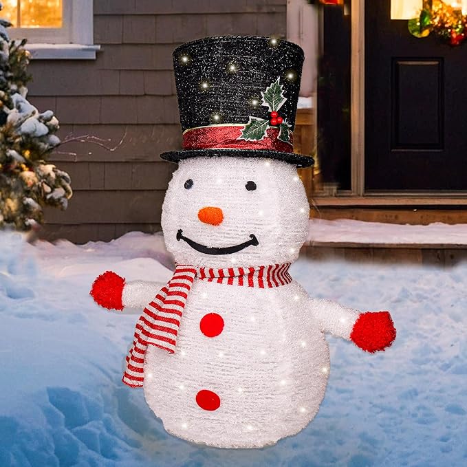 Snowman Outdoor Christmas Decorations, 28 Inch Collapsible Snowman Christmas Decorations with 75 LED Lights, Light Up Xmas Yard Decor, Lighted Porch Lawn Decor