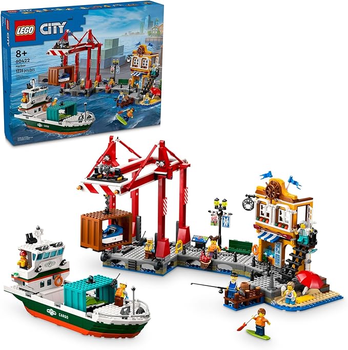 LEGO City Seaside Harbor with Cargo Ship Toy, Model Container Crane and Boat with 8 Minifigures Included, Building Set for Boys and Girls Ages 8 and Up, Kids Gift Idea, 60422