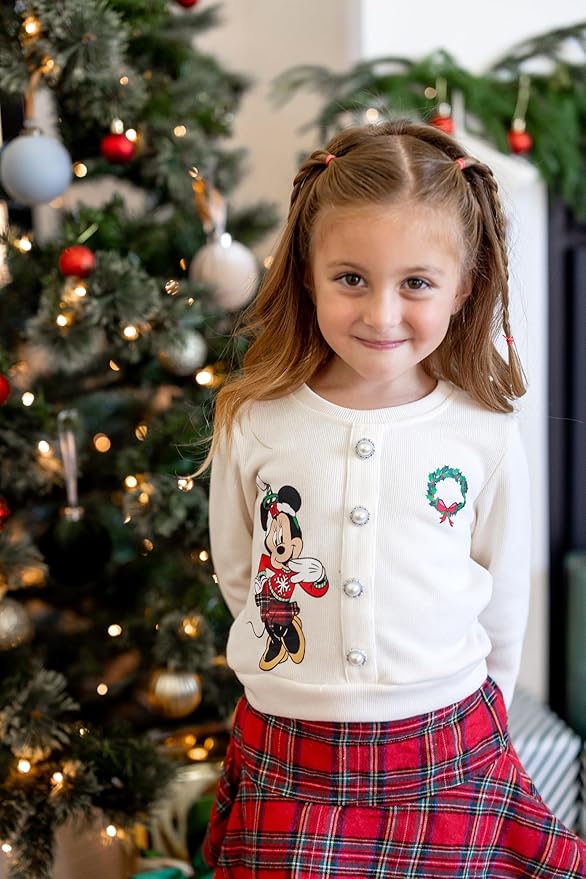 Disney Frozen Elsa Stitch Princess Moana Minnie Toddler Girl 2 Piece Outfit Kid Pearl Button Knit Top & Tweed Skirt Set 2-13Y