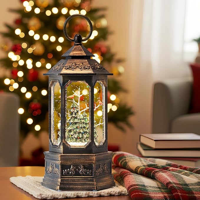 12 "Christmas Snow Globe Lantern, Glitter hex Music Box, USB and Battery-Powered Decorations (Cardinals in The Deep Woods)